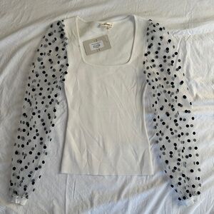 NWT Polka Dot Sheer Sleeve Square Neck Top | Ivory | Boutique